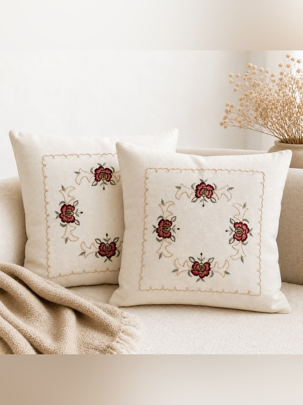 Vintage Embroidered Floral Pillow Covers Set of 2 15x15 Ivory Cottagecore